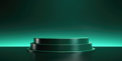 A round podium with a green light in the background