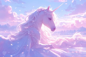 Obraz na płótnie Canvas white unicorn in pink fluffy clouds, pastel colors