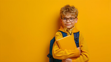 Funny smiling child school boy with glasses hold books on yellow background, back to school concept.