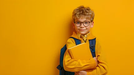 Fotobehang Funny smiling child school boy with glasses hold books on yellow background, back to school concept. © Jhon