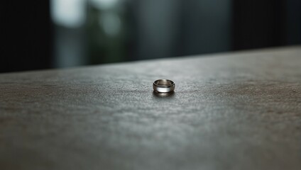 a simple metal engagement ring rests on the textured surface of the table