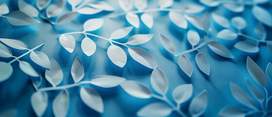Abstract White Paper Cut Leaves on Blue Background - A Modern Artistic Wall Design