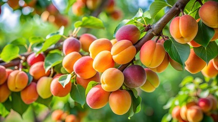 Many ripe peaches on a tree branch on a bright sunny day
