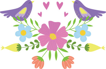 Flowers and birds. Isolated vector illustration on transparent background.