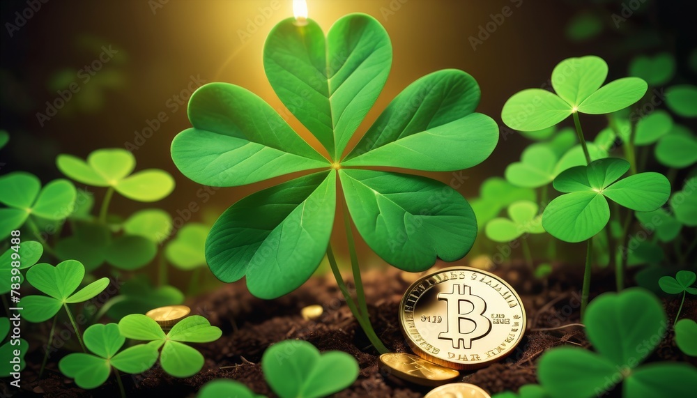 Poster a solitary bitcoin resting in fertile soil, symbolizing growth and prosperity, surrounded by vibrant