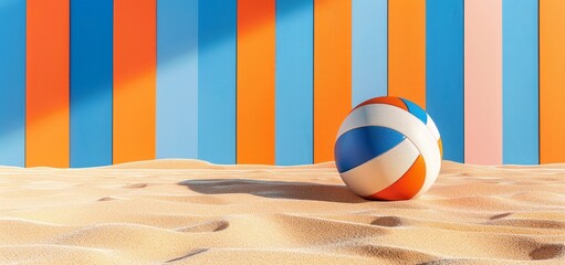 A beach volleyball rests on the textured sands against a backdrop of bold colored stripes,...