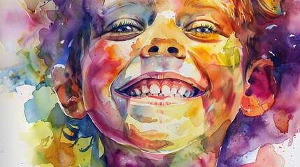 Colorful Watercolor of Laughing Child's Face