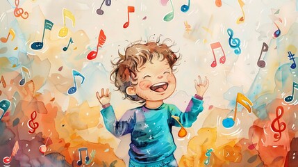 Joyous Child Surrounded by Music Notes Watercolor Art