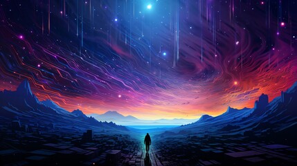 Explore the mysteries of the cosmos through a unique pixel art perspective, combining space travel themes with abstract poetry forms. - obrazy, fototapety, plakaty