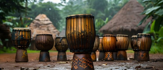 African Drums: Rhythmic Heartbeat of the Village. Concept Music, Tradition, Culture, Instrument, African Village - obrazy, fototapety, plakaty