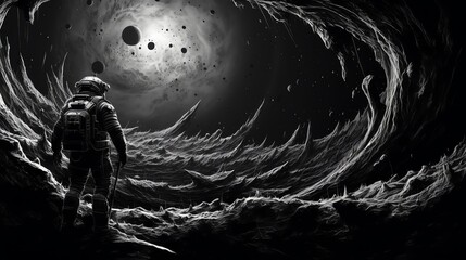 Capture the vastness of space in a cosmic poetry scene, using CG 3D rendering to blend futuristic elements with classic pen and ink details. - obrazy, fototapety, plakaty