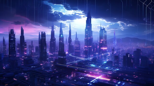 Illustrate a futuristic cityscape engulfed in haunting darkness, with towering skyscrapers illuminated by eerie neon lights.