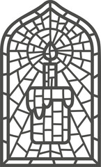 Church stained window with religious Easter symbol. Christian mosaic glass arch with cake and candle . Outline illustration