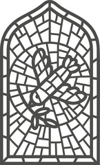 Church stained window with religious Easter symbol. Christian mosaic glass arch with dove bird. Outline illustration