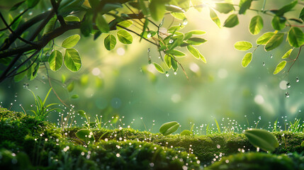 Tranquil scene of moss-covered earth with sparkling water droplets