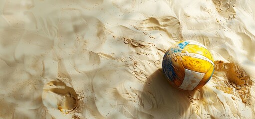 A close-up shot of a worn volleyball left on the smooth sandy texture of a beach, invoking feelings of summer and outdoor activity