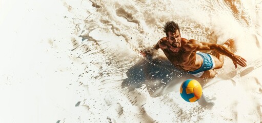 Athletic man playing beach volleyball in mid-air with intense action