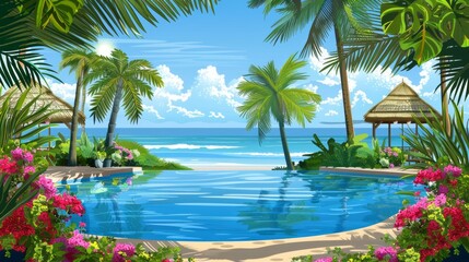 Fototapeta na wymiar Serene tropical beach setting with a clear blue pool, palm trees, and beach huts under the sunny sky