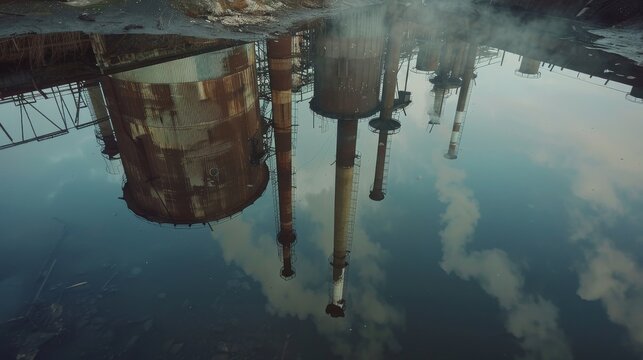 Reflection of Industrial Silos in Stagnant Waters