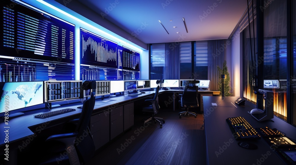 Poster in an office building, a row of computer monitors sits on a desk, creating a symmetrical display. th
