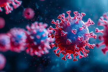 Fototapeta na wymiar Macro detailed bright red blue microbes molecules virus bacteria. Coronavirus outbreak COVID-19