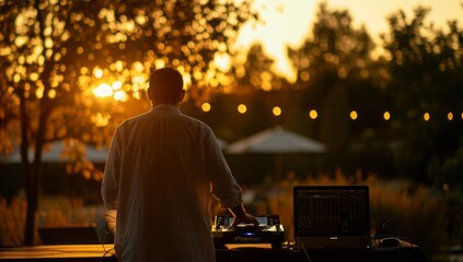 Silhouette of a DJ mixing music outdoors with a beautiful sunset in the background, showcasing a...