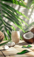 Fototapeta na wymiar A refreshing glass of coconut milk is displayed alongside a split coconut and lush greenery