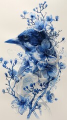 A blue bird is perched on a branch with flowers. The bird is surrounded by blue flowers and leaves, creating a serene and peaceful atmosphere