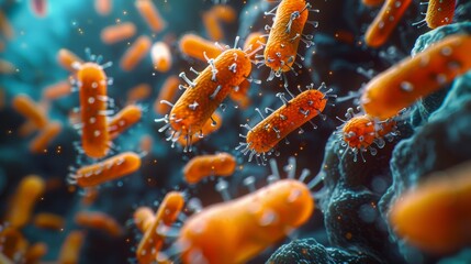 A close up of many orange bacteria. The bacteria are clustered together and appear to be moving. Concept of chaos and disorder, as the bacteria are scattered in various directions and sizes - obrazy, fototapety, plakaty
