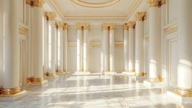 A large, empty room with white pillars and gold accents. The room is very spacious and has a very elegant and luxurious feel to it