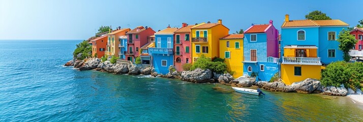 In picturesque coastal village, colorful houses line the vibrant harbor. - obrazy, fototapety, plakaty