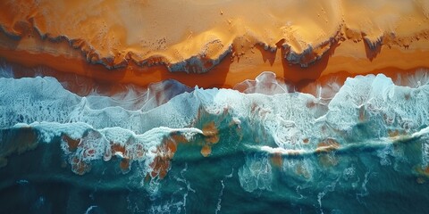 The breaking tide creates a textured surface on the desert coast, meeting the turquoise sea. - obrazy, fototapety, plakaty