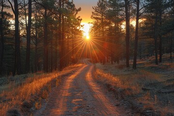 In the serene pine forest at sunset, a tranquil path winds through the autumn landscape.