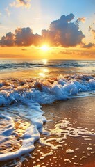 Obraz premium A serene sunrise scene with golden light spilling over gentle waves on a peaceful beach