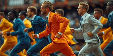 In a corporate marathon championship, stylish runners in formal suits compete fiercely for victory.