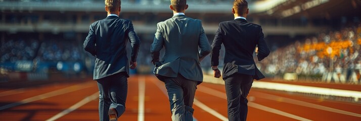 Colleagues in formal suits compete in a racing event at the stadium, showcasing determination and athleticism.
