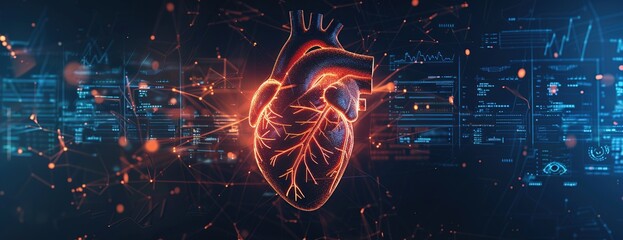 Abstract digital human heart with medical symbols and data visualizations on a dark background