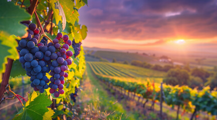 Bright ripe dark grape on a branch overlooking a sunset landscape with vineyards