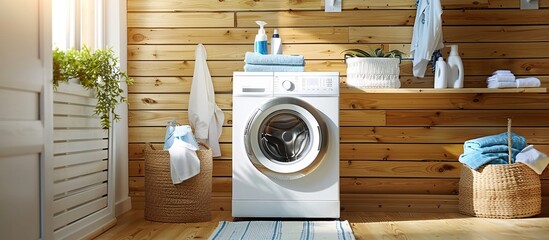 Laundry room interior with washing machine  - obrazy, fototapety, plakaty