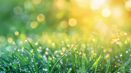 Obraz premium Close-up of dew drops glistening on vibrant green leaf with sun shining in background