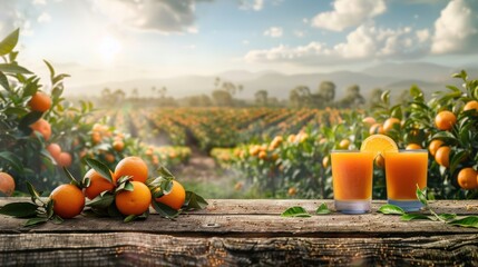 Sunset Harvest: Fresh Juice Amidst the Orchard - Glasses of fresh juice with ripe fruits on an old wooden table overlooking an orchard at sunset.