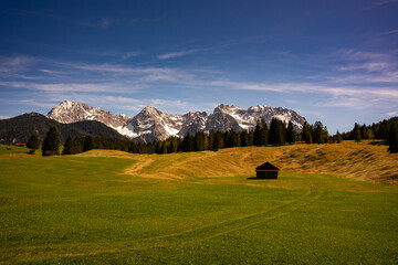 Mountain landscape, Alps, cabin, meadow, moutain, rock snow, summit, spring