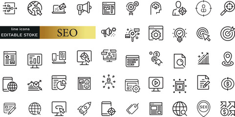 SEO Search Engine Optimization editable stroke outline icons set isolated on white background flat vector illustration.