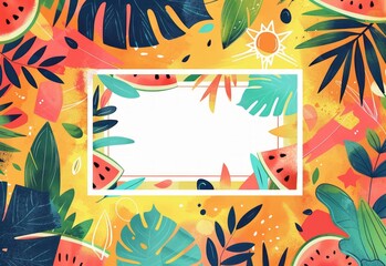 Brightly colored summer themed background featuring sun, watermelon, and tropical leaves