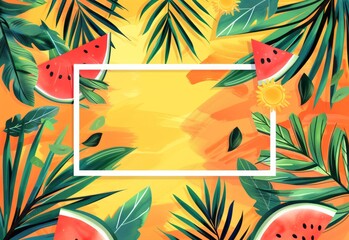 A sunny tropical scene with palm leaves and ripe watermelon slices on an orange backdrop
