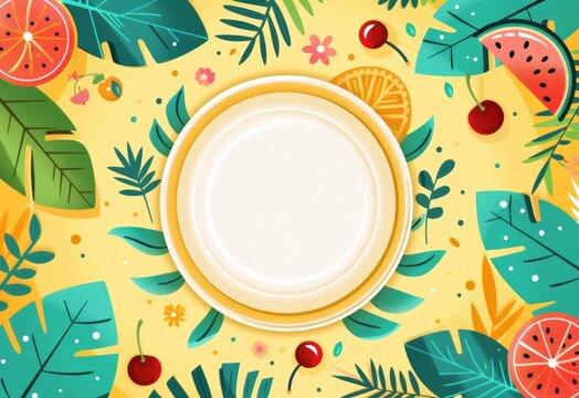 Brightly colored summer background with a blank plate to add your own meal or message, framed by tropical elements