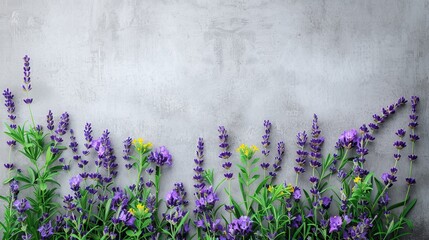 A frame made of fresh lavender flowers and green leafy flower stalks on a white background. Flat overlay, top view, copy space - obrazy, fototapety, plakaty