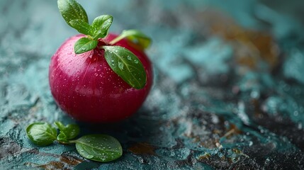   A red apple with leaves above and water droplets atop
