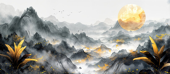 Traditional Asian ink painting depicting misty mountains with delicate foliage accents. - obrazy, fototapety, plakaty