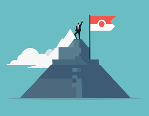 Business step top mountain and flag. stair achievement target concept. mission climbing to success. vector illustration flat design